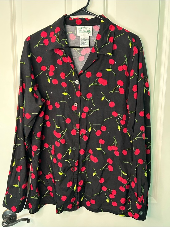 Quacker Factory Tops - Vintage 80s cherry print top with rhinestones button up blouse
